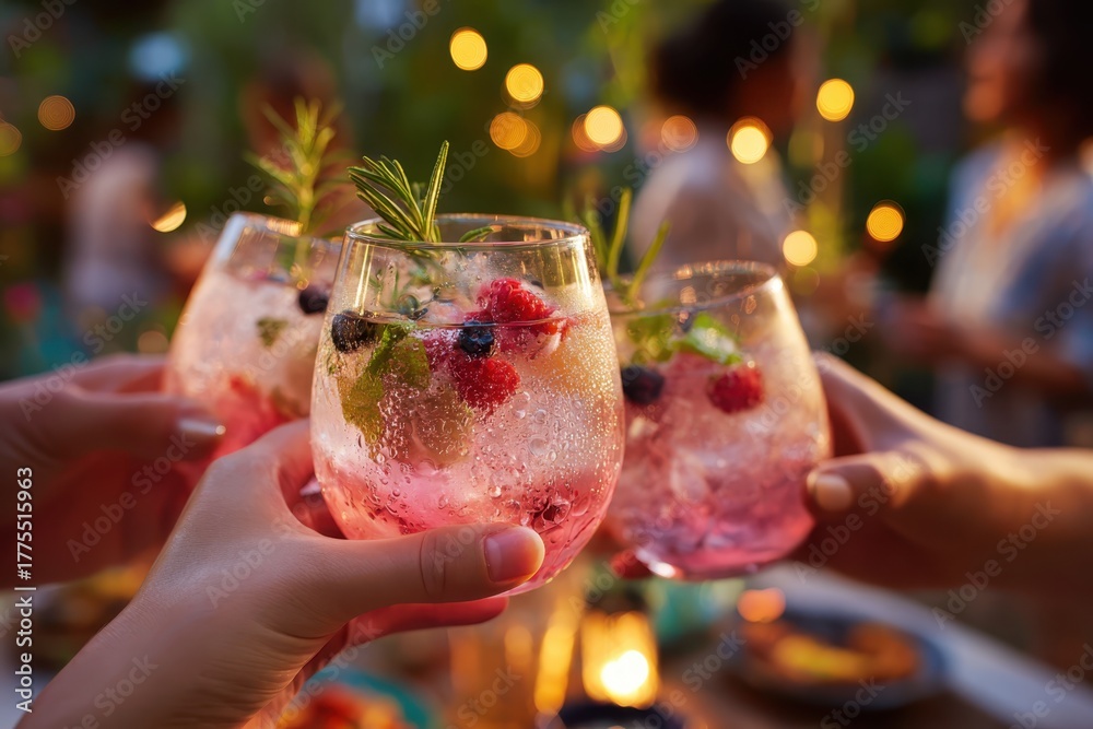 Naklejka premium Friends drinking sparkling cocktails. People clinking glasses with drinks outdoors. Close up of hands cheers, making toasts and touch with wineglasses at garden party. Warm Summer Evening. Enjoy Life