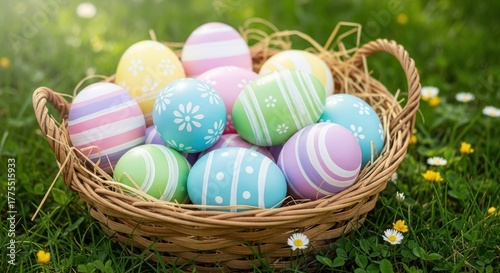 A basket of colorful Easter eggs on a grassy lawn with daisies.