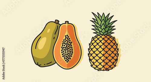 Stylized tropical fruit illustration showcasing papaya and pineapple vector
