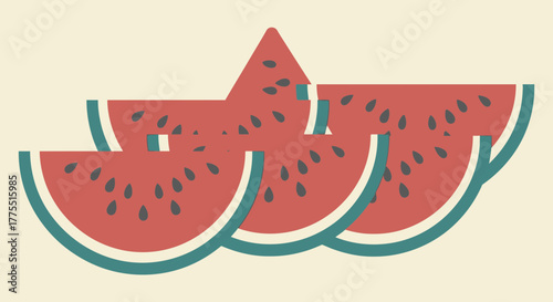 Stylized watermelon slices in retro color palette, vector art illustration