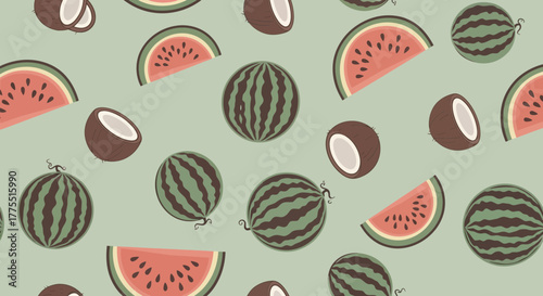 Tropical delight seamless pattern featuring watermelons and coconuts design