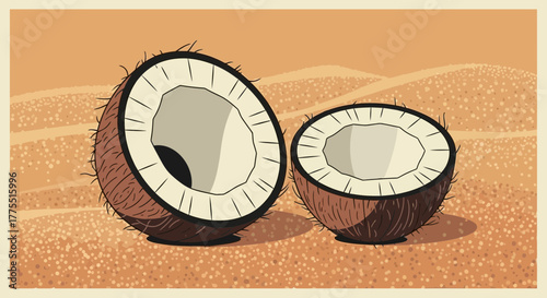 Tropical Coconut Halves on Sandy Dune Abstract Artistic Depiction