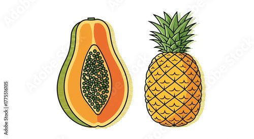 Vibrant vector illustration showcasing a halved papaya and a whole pineapple