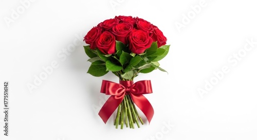 A bouquet of red roses with a red ribbon on a white background.