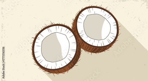 Halved coconuts artfully presented on a textured surface background