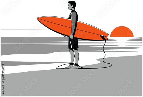 Surfer with Orange Surfboard at Sunset, Minimalist Design