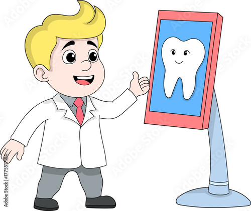 Dentist Character Explaining Tooth on Screen Online Dental Care Vector Illustration