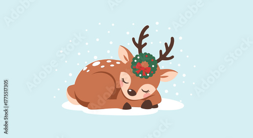 A cute cartoon illustration of a sleeping deer with a Christmas wreath on its head, in a snowy scene.