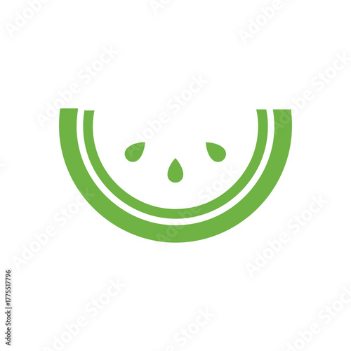 A minimalist green watermelon slice icon with three seeds on a white background, representing freshness and summer.