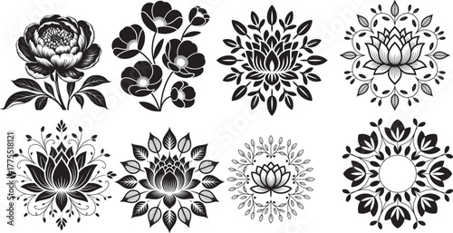 Black floral ornamental designs with detailed petals and leaves decorative botanical