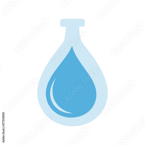 A stylized laboratory flask containing a large blue water droplet icon on a white background.