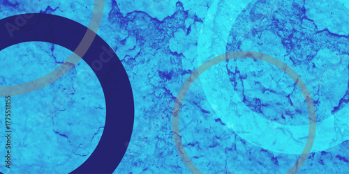 blue background with white circle rings in faded distressed vintage grunge texture design,  Dynamic shapes composition.  old geometric pattern paper in light and navy blue . 