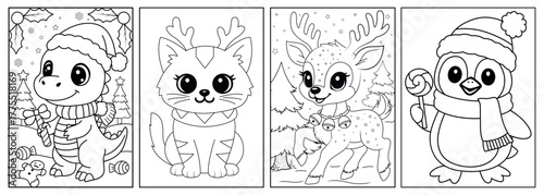 Set of 4 Cute Christmas Coloring Pages  Baby Dinosaur with Santa Hat, Cat with Reindeer Antlers, Baby Reindeer with Jingle Bells, Penguin with Hat, Scarf & Lollipop , Vector Line Art Printable