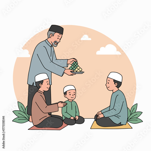 An elder Muslim man in traditional attire offering ketupat to three young boys sitting on mats during a festive gathering, celebrating Eid al-Fitr.