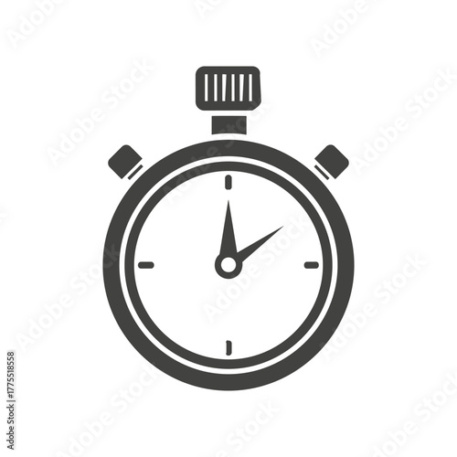 A black and white illustration of a classic stopwatch with two buttons on top and two on the side.