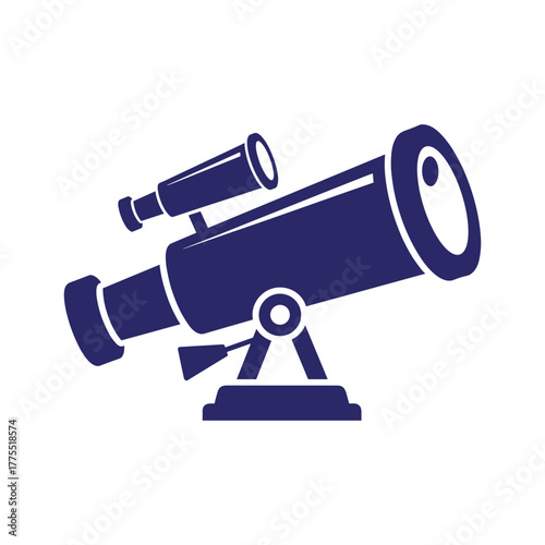 A dark blue silhouette of a classic astronomical telescope with a smaller finder scope mounted on top, set on a sturdy tripod.