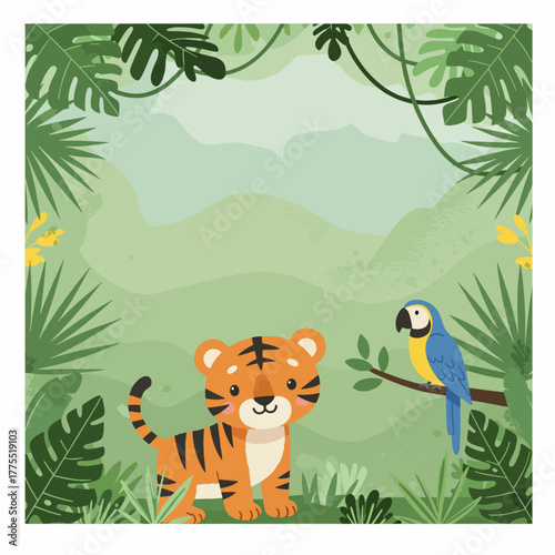Cute cartoon tiger cub and macaw parrot in a vibrant jungle illustration with lush green foliage and vines.