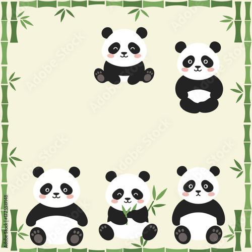 Illustration of pandas with bamboo frame.
