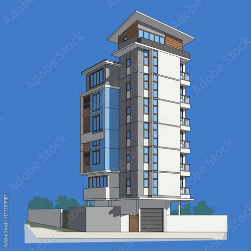 Modern multi-story residential building with balconies and a distinctive roof design against a blue background.