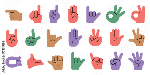 Colorful Hands Vector Collection,  Human arm and hand gestures including pointing, shaking, fist, and various hand signs in flat vector style