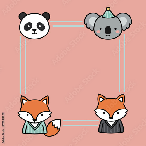 Cute cartoon animals, panda, koala, and two foxes, around a light blue square frame on a pink background.