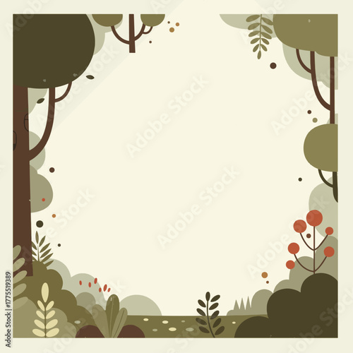 A stylized illustration of a natural forest border frame with trees, bushes, and foliage surrounding a light background, perfect for text or images.