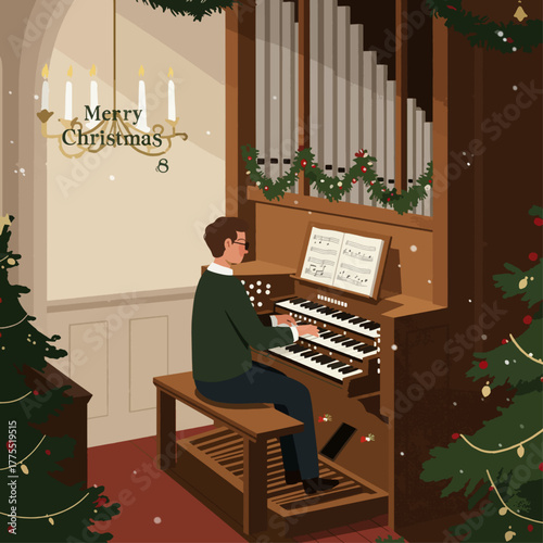 A man plays a pipe organ decorated with Christmas garlands and lights, with a 'Merry Christmas' sign hanging above.