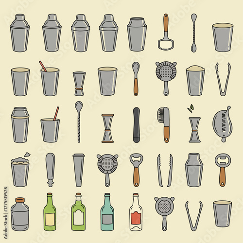 A detailed illustration of various bar tools and drink-making equipment, including shakers, jiggers, strainers, and bottles.