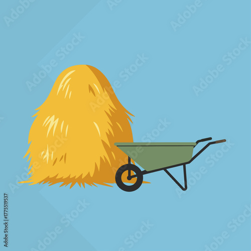A large haystack stands next to a green wheelbarrow on a light blue background, suggesting farm work or rural activity.