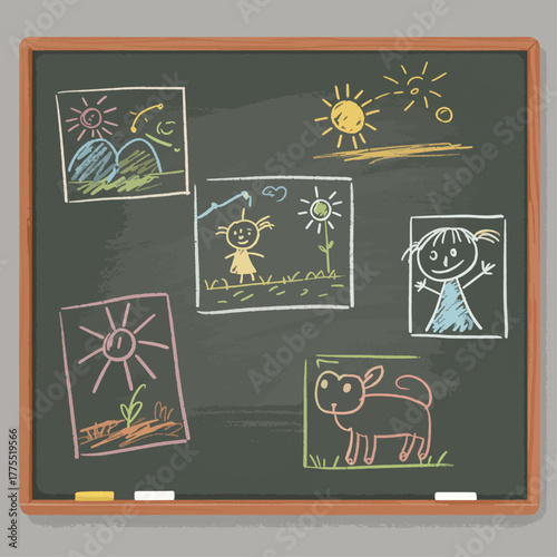 A chalkboard displays colorful children's drawings, showcasing creativity and imagination with various sunny scenes.