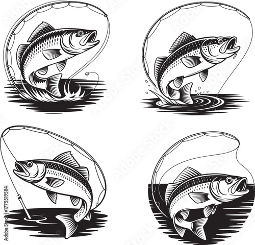 Four leaping fish caught on fishing rods line water