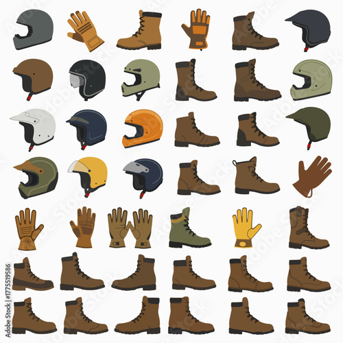 A comprehensive collection of motorcycle safety gear including various helmets, gloves, and boots in different styles and colors.