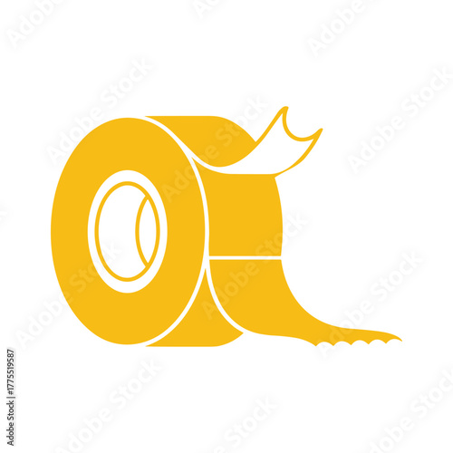 A simple yellow vector icon of a roll of adhesive tape with a torn edge on a white background.