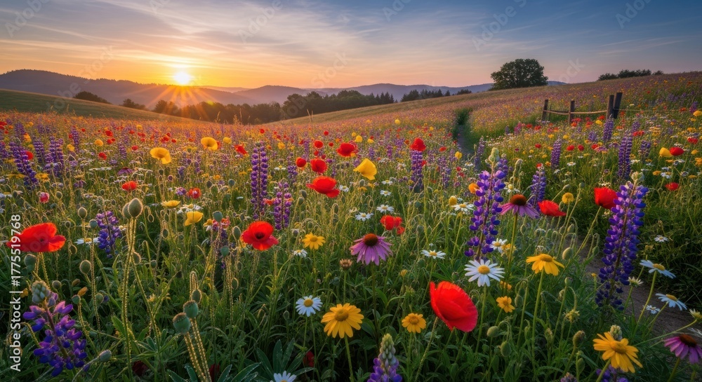 Obraz premium A vibrant field of wildflowers with a sunset in the background.