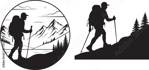 Silhouette hiker with backpack and poles on mountain landscape vector