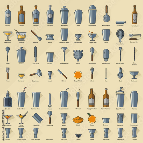 A comprehensive collection of various bar tools, cocktail shakers, glassware, and bottles for mixing and serving drinks, presented in a flat design style.