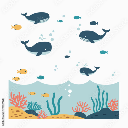 A charming illustration of whales and fish swimming in a vibrant underwater scene with coral reefs and aquatic plants.