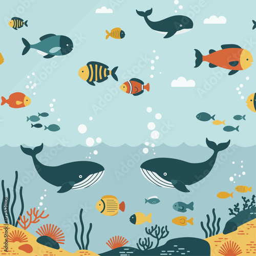 A vibrant underwater scene filled with various colorful fish and two large whales swimming peacefully.