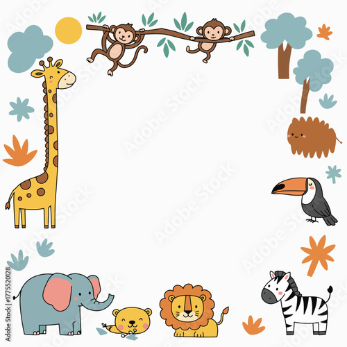 Cute cartoon jungle safari animals frame with giraffe, monkeys, elephant, lion, zebra, toucan, and plants on a white background.