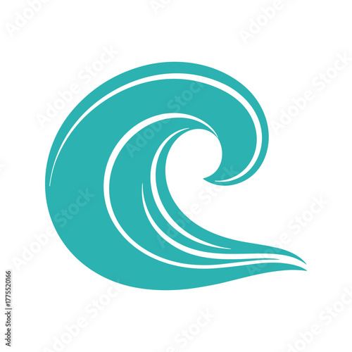 A stylized teal ocean wave graphic with white highlights, depicting a curling water movement on a white background.