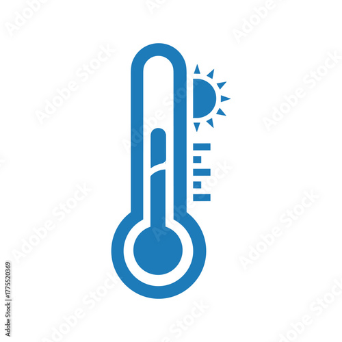 Blue thermometer icon indicating high temperature with a sun symbol for warm weather.
