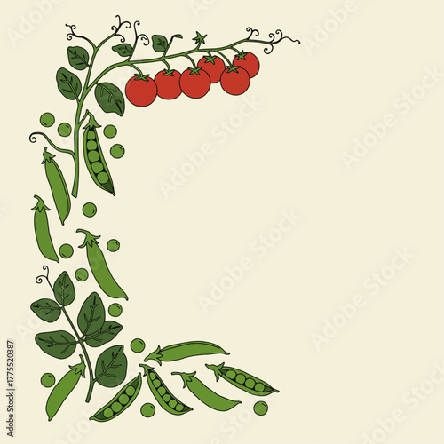 A decorative corner illustration featuring a vine with ripe tomatoes and fresh green peas, showcasing a bountiful harvest.