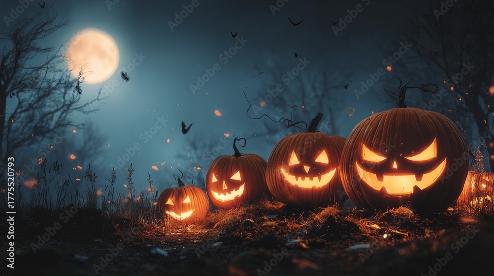 Naklejka premium Glowing jack o’lanterns illuminating a dark forest under moonlight with spooky halloween atmosphere