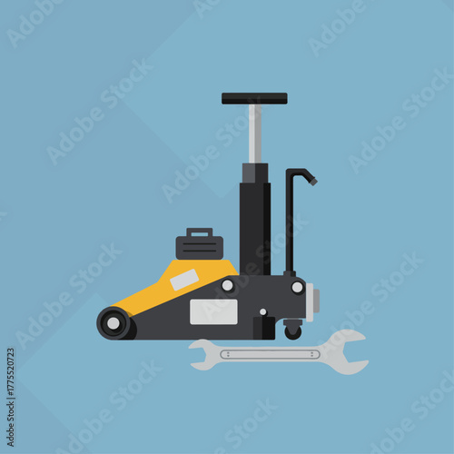 Illustration of a yellow and black hydraulic floor jack with a silver wrench on a light blue background, representing car repair and maintenance tools.