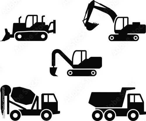 Construction vehicles silhouettes, bulldozer icon, excavator symbol, backhoe loader graphic, concrete mixer truck illustration, dump truck design