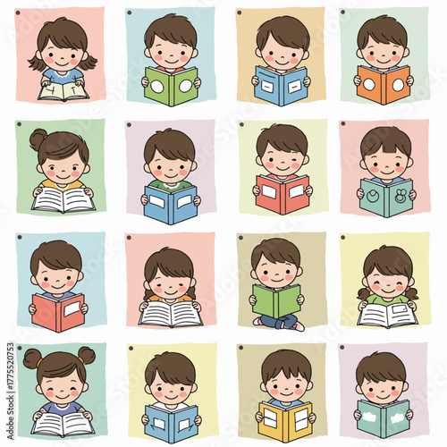 A grid of sixteen cute cartoon children, boys and girls, happily reading various colorful books, each set against a pastel-colored square background.