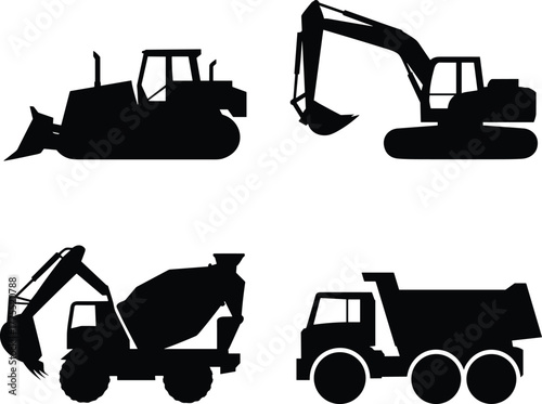 Construction vehicles silhouettes, bulldozer icon, excavator symbol, concrete mixer truck vector, dump truck illustration, heavy machinery artwork