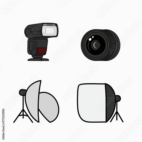 Illustration of various photography equipment and lighting accessories including a flash, lens, and softboxes for studio work.