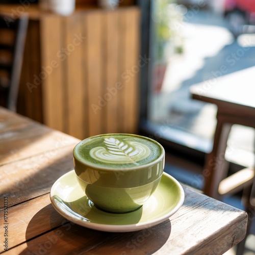 matcha latte with latte art on wooden table, cozy cafe morning matcha latte, natural sunlight matcha latte photography
