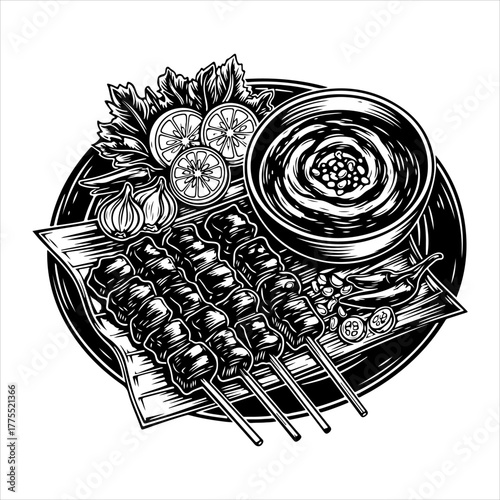 A detailed black and white illustration of grilled meat skewers, served with a dipping sauce, lime, and other fresh garnishes.